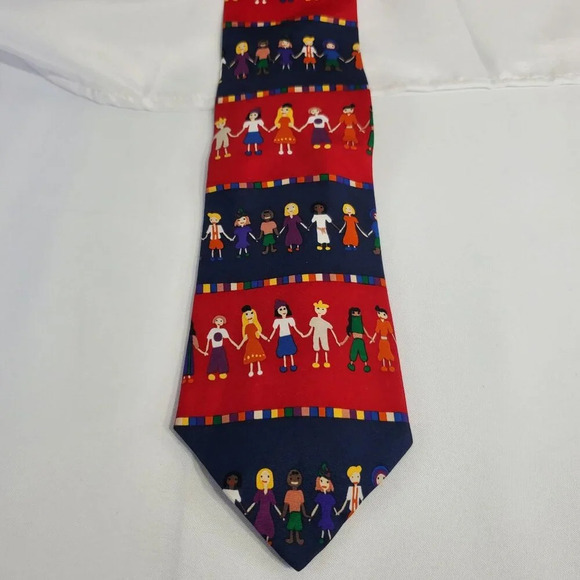 Save The Children Mens Tie Children Holding Hands Necktie Red & Blue Colorful - Picture 1 of 3